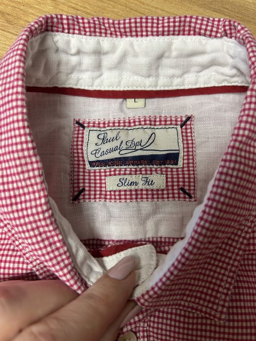 Paul Casual Depl Cămașă Bărbătească, In 100%, Carouri Roșu/Alb, Slim Fit, L