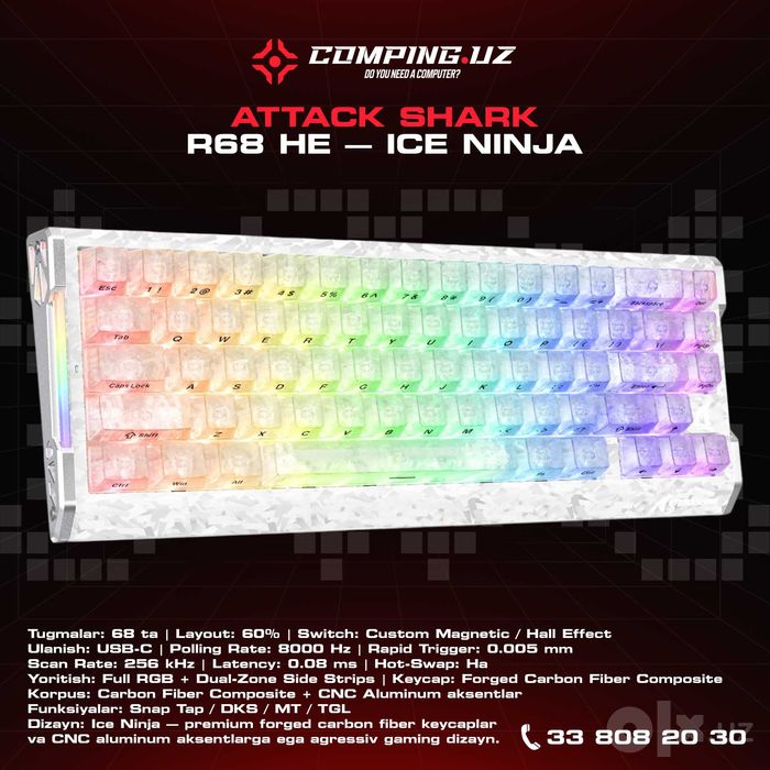 ATTACK SHARK R68 HE Carbon Fiber Rapid Triger Keyboard Magnetic Switch