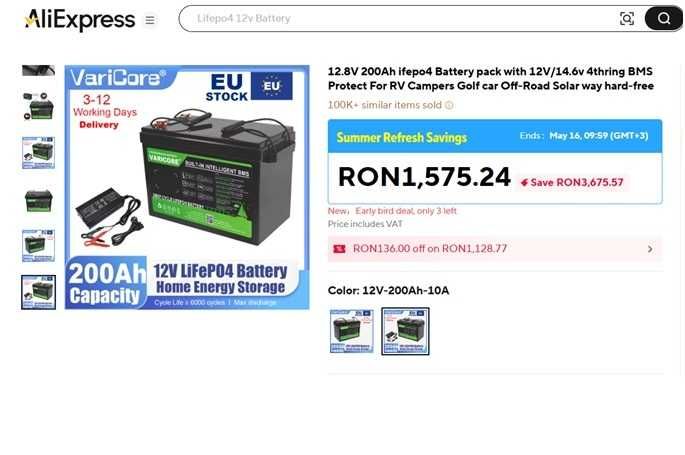 BATERIE SOLARA LiFePO4 12,8V cu Charger pt rulota/Protectii Foc/Exploz