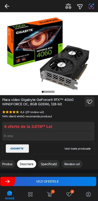 Placa video Placa video Gigabyte GeForce® RTX™ 4060 8Gb + Cutie