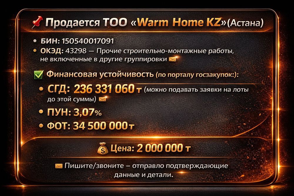 Продам ТОО для тендера СГД 236 млн пун 3% поставка