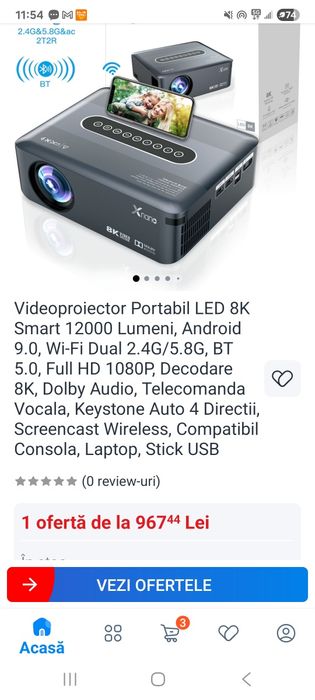 Videoproiector Portabil LED 8K Smart 12000 Lumeni, Android 9.0, Wi-Fi