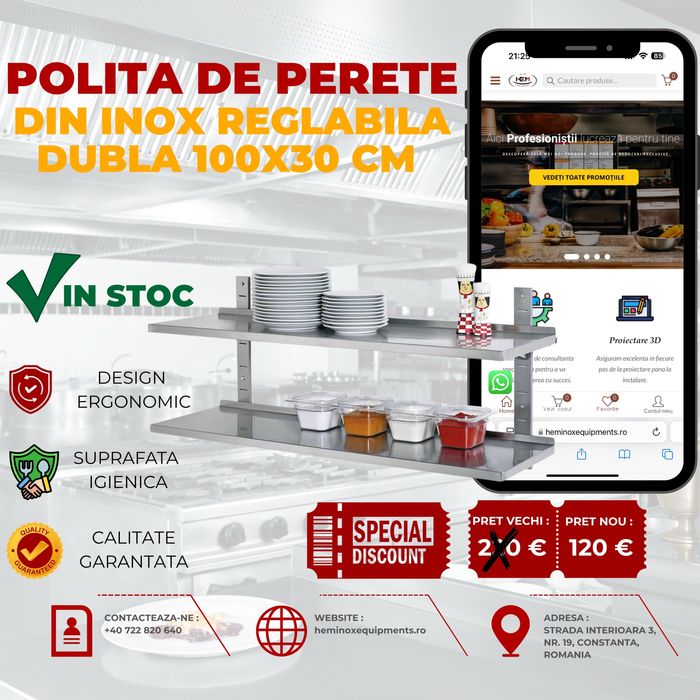 Polita Inox De Perete Reglabila 100x30 Cm