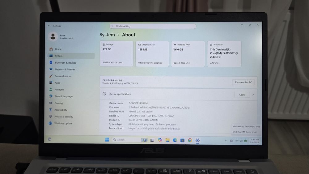 Laptop ultrabook Asus X415, i5 gen11, ecran 14" Fhd, ssd 512, windows1