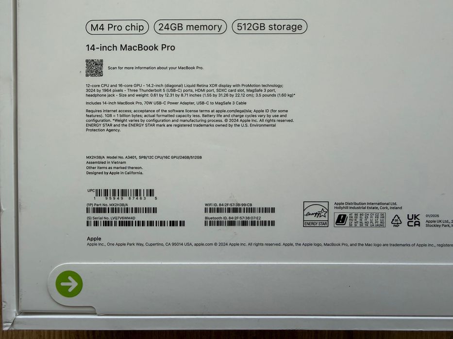 ЧИСТО НОВ MacBook Pro 14" M4 PRO Chip 12-CPU/16-GPU/24GB RAM/512GB SSD