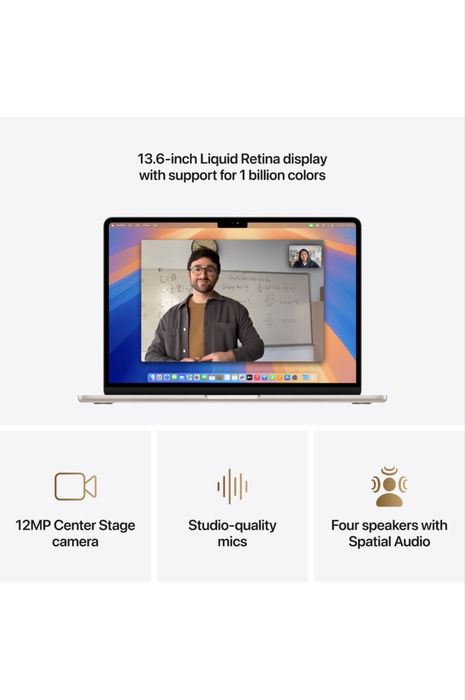 Лаптоп Apple MacBook Air 13", Apple M4, 10 CPU ядра и 10 GPU ядра, 24GB RAM, 512GB, Starlight, Международна клавиатура, RO ръководство