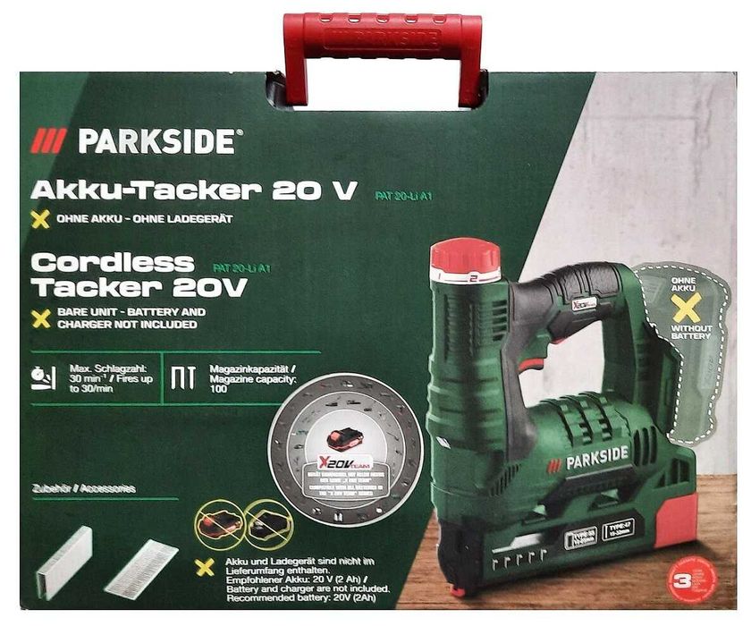 Capsator pe acumulator 20V,  model Parkside 20 V PAT 20-Li A1, LED integrat, magazie cu indicator de umplere, Verde