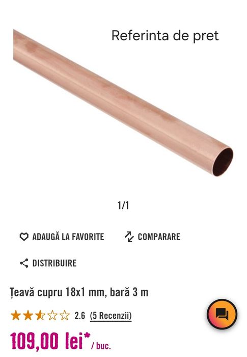 Vand teavă de Cupru 15mm si 18mm grosime 1mm lungime 3m