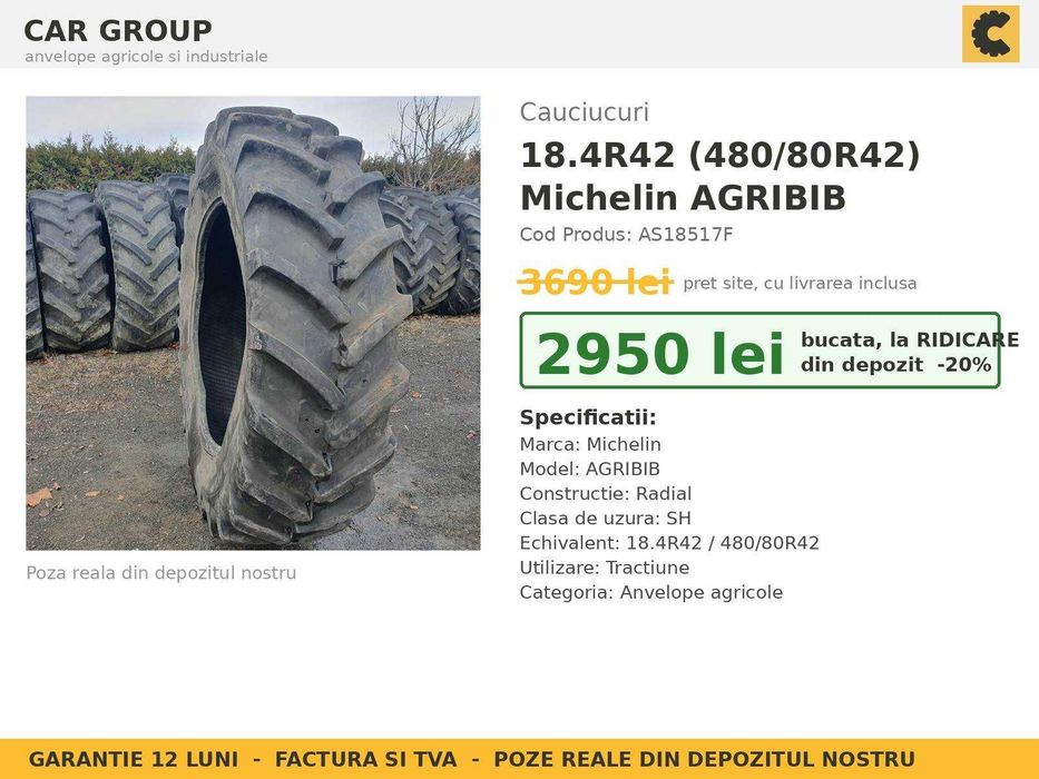 Cauciucuri 18.4R42 18.4-42 480/80R42 Michelin Agribib ANVELOPE Tractor Spate John Deere Fendt Case SH GARANTIE Factura TVA Livrare