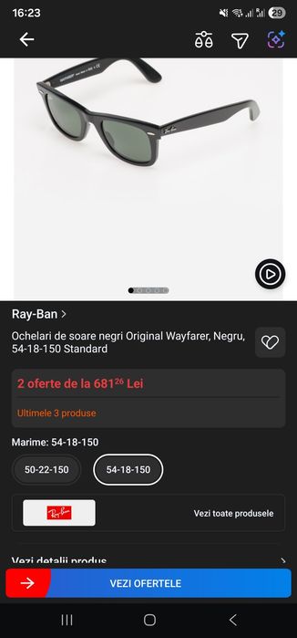 Ochelari Ray Ban original Wayfarer, Negru, 54-18-150 Standard