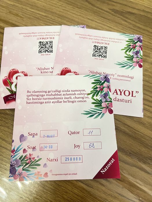 Konsert uchun bilet 8 martga