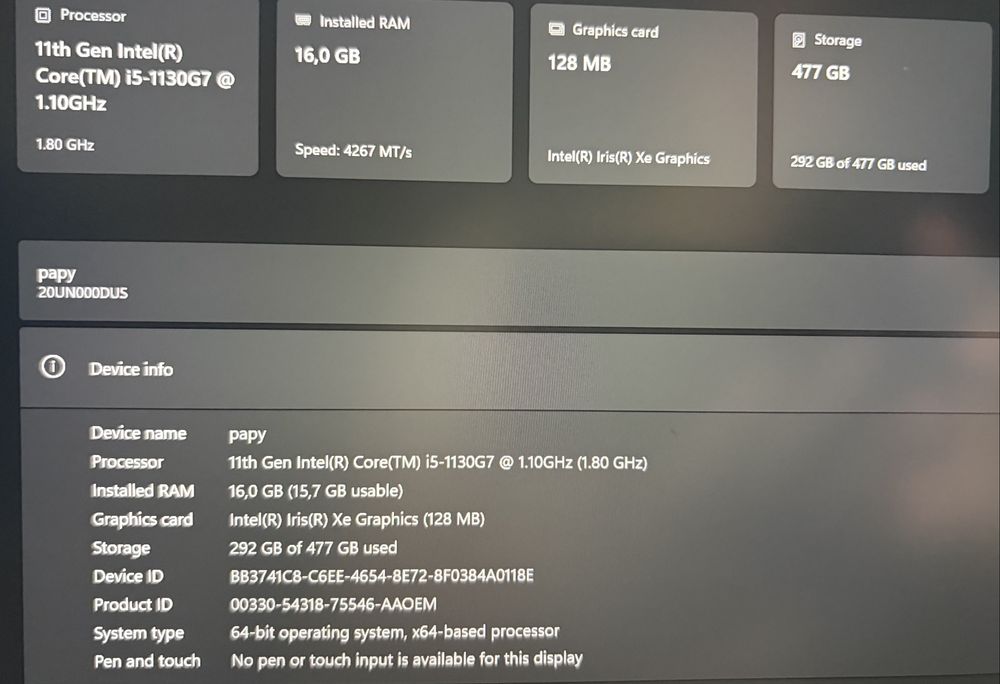 laptop lenovo x1 carbon nano i5 11th 1130g7  16 gb/512ssd iris graph 128