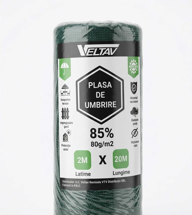 Plasă umbrire 85% rola 2mX20m, densitate 80g/m2, protecție UV, verde