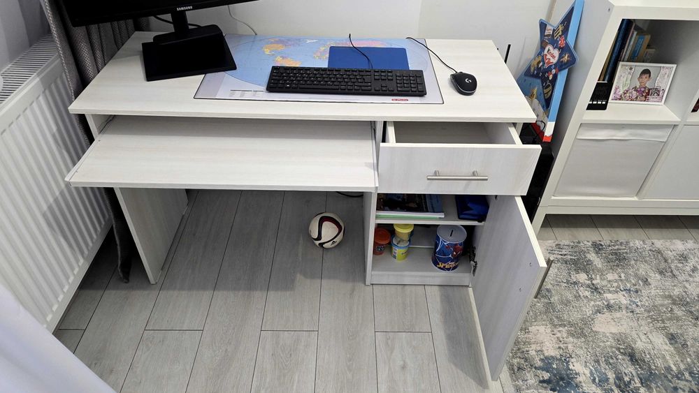 Birou calculator cu sertar si dulap Stefan, stejar alb, 120x50x75 cm