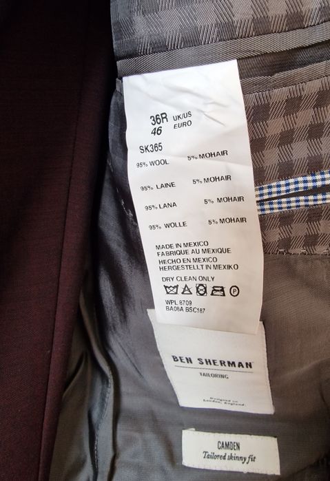 Нов Виненочервен Мъжки Костюм от Вълна и Мохер на Ben Sherman Размер S