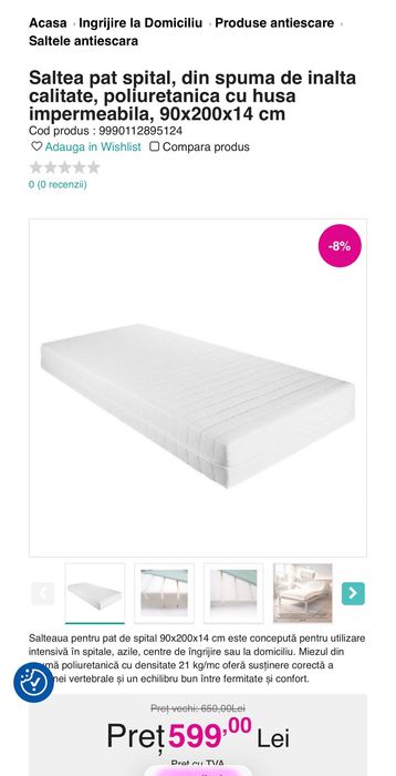 Saltea pat spital din spuma de inalta calitate poliuretanica cu husa impermeabila, 90x200x14 cm, nouă, ideala pentru spitale, batrani,Prețul 650 lei
