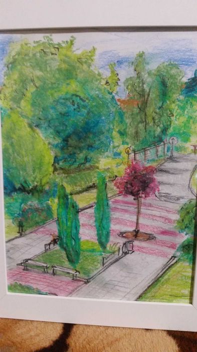 Алея в парка. Цветна картина, рисувана с цветни моливи, туш и т.н.