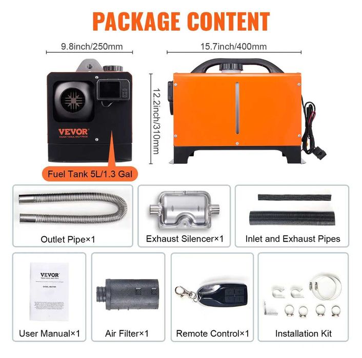 ПРЕНОСИМА Дизелова суха печка VEVOR 8 kW - 12 V,  с Bluetooth