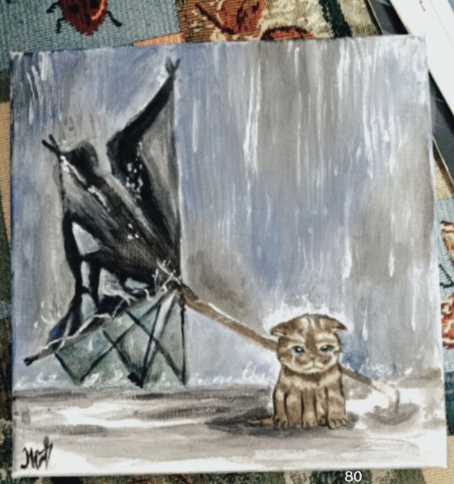 Картина "котик под дождём"
