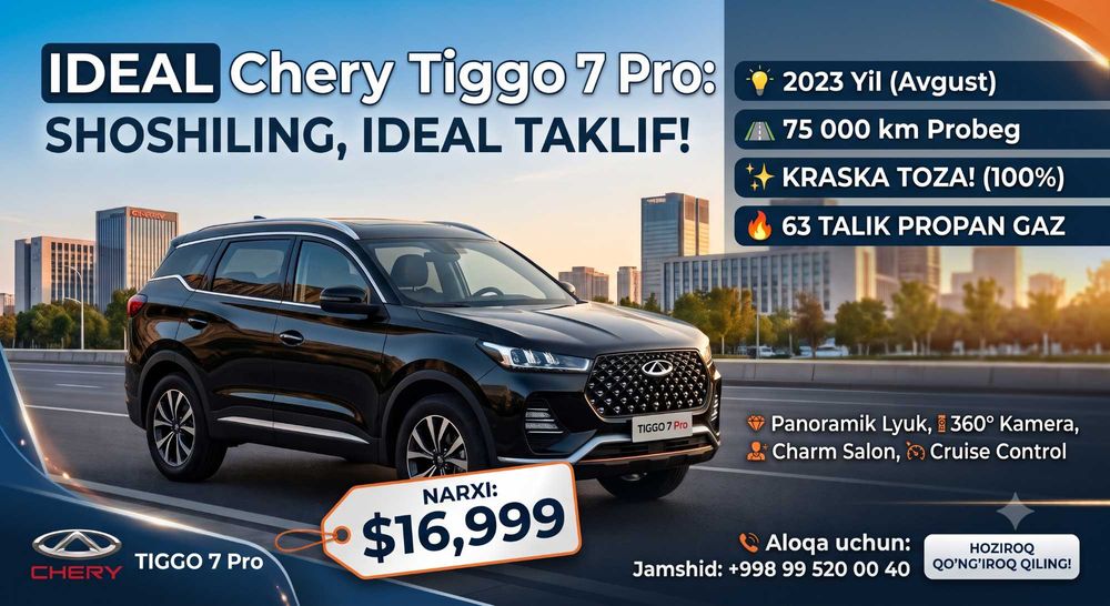 Baraka topadigan ideal Chery Tiggo 7 Pro sotiladi