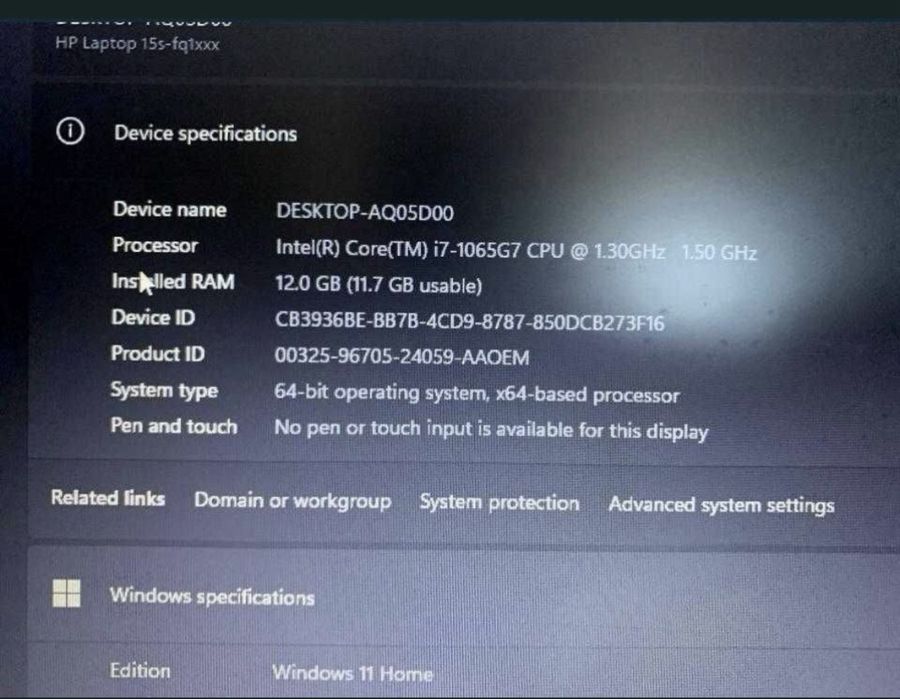 HP 15s-fq1105n; Intel® Coret™ i7-1065G7