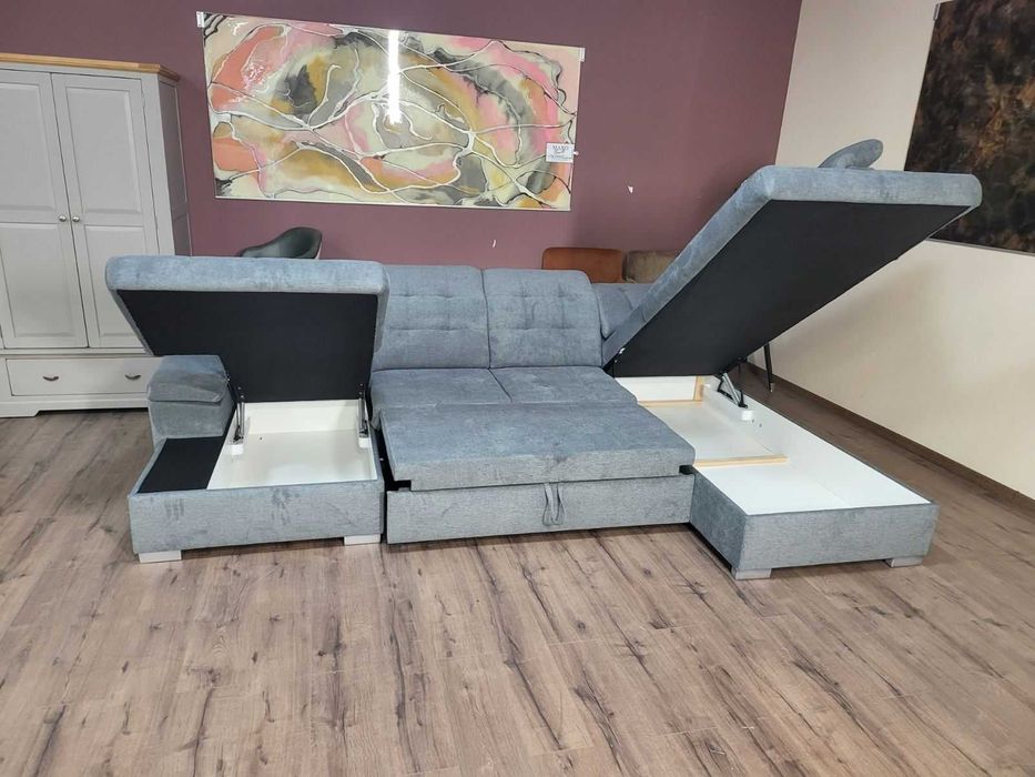 Светло сив П - образен ъглов диван Nixon с функция сън