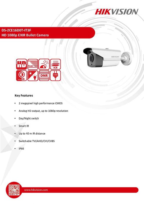Далекобойна Камера Водоустойчива HIKVISION DS-2CE16D0T-IT3F FULL HD 40Метра EXIR Нощно Виждане HD-TVI HD-AHD HD-CVI CVBS 4в1 Видео Бутон Превключвател