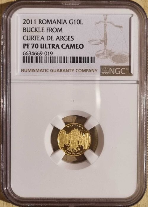 Moneda istoria aurului BNR Paftaua Curtea de Arges gradata NGC PF 70