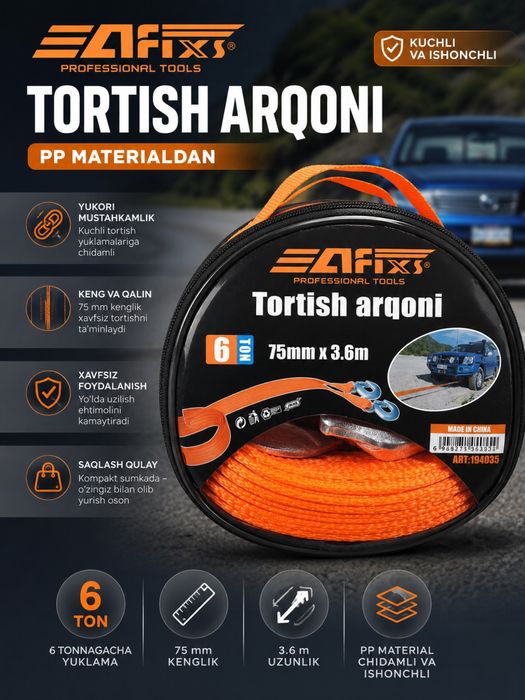 Avtamabil uchun tortish trosi 6tonna, 3,6metr metall ilgakli