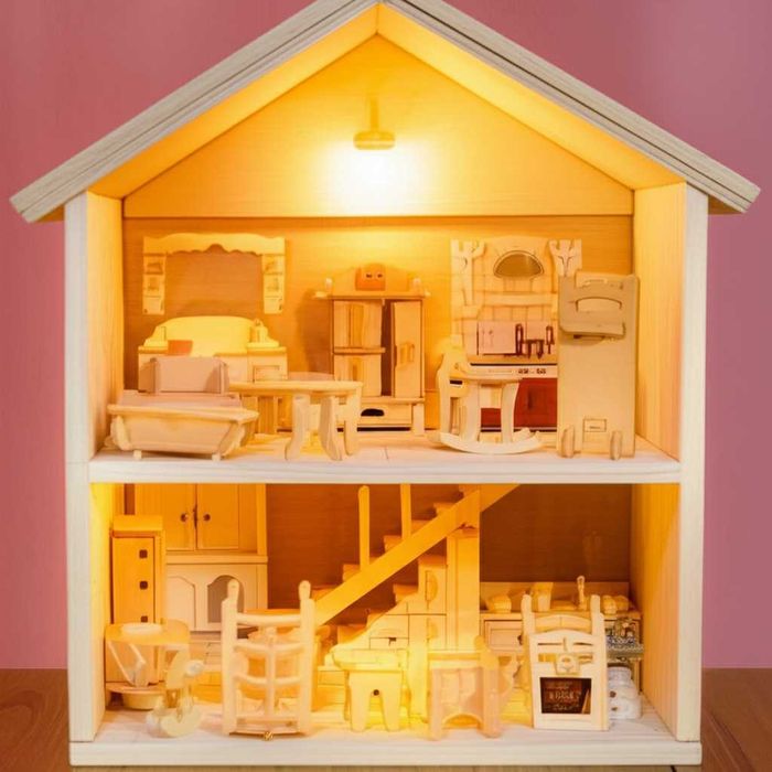 Set mobilier din lemn casa papusi 34 piese miniaturi DIY pt. asamblat
