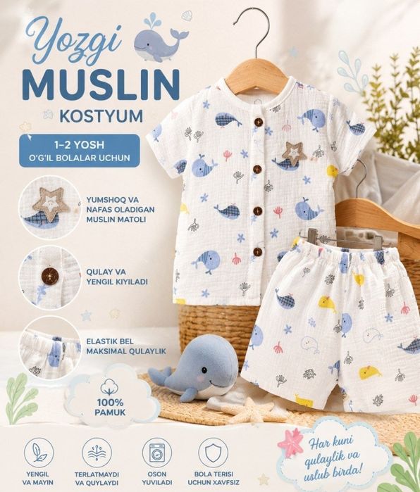 Yozgi Muslin Kostyum – 1-2 yoshli o‘g‘il bolajonlar uchun!