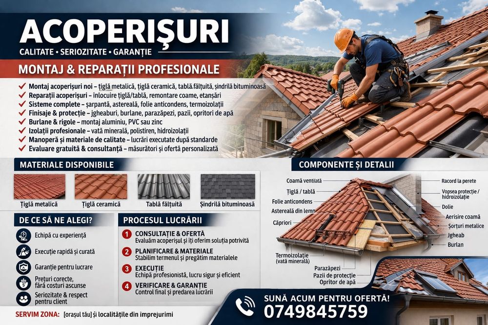 firmă de acoperisurii


1. Reparatii Acoperis,
2. Montaj orice
