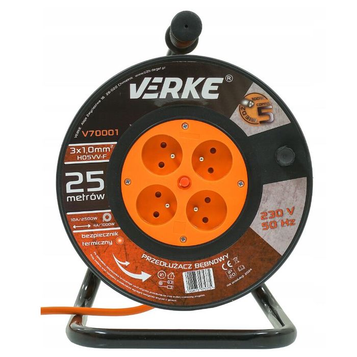 Rola prelungitor cablu cu cadru metalic, 25 metri 3 x 1 mm, Verke