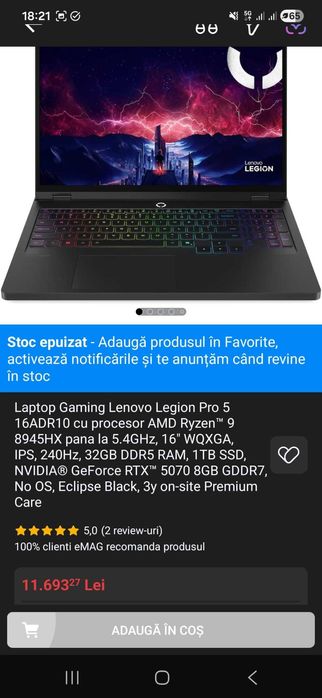 GARANTIE 2028! Laptop gaming 16" Lenovo Legion Pro 5 16ADR10