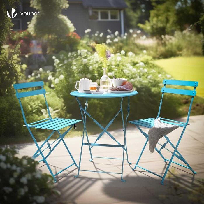 Set Bistro VOUNOT, 3 piese , masa Bistro pliabila cu 2 Scaune , metal , albastru marin