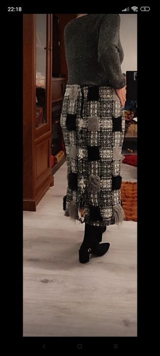 Fustă maxi din tweed patchwork, groasa, handmade, gri-negru cu detalii