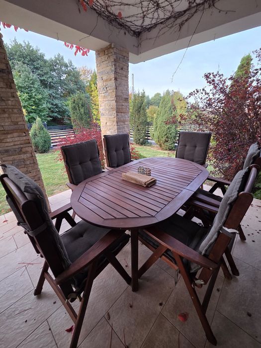 Set mobilier terasa lemn: masa+6 scaune+huse cu perna