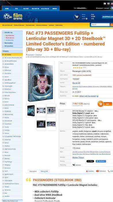 Vand steelbook Passengers, bluray 3D+2D, magnet 3D, editie Film Arena