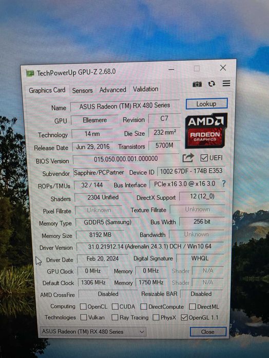 Placa Video Gaming Saphire Nitro RX480 8 Gb, 256 biti, garantie