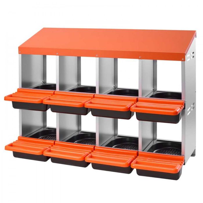 Cuibare gaini 2 niveluri, 8 compartimente, cutii ouat metalice cu capace de colectare, tip roll out, usor de montat, pasari