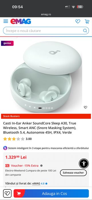 Casti wireless pentru somn Anker Soundcore Sleep A30, Smart ANC, Noi