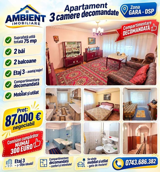 Apartament 3 camere, etaj 3, VASLUI - zona GARA;