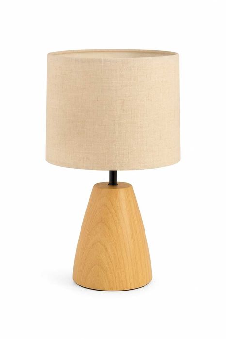 Lampa de masa, baza ceramica cu efect lemn, abajur textil bej, E27