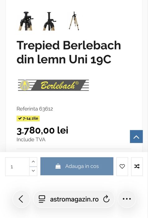 Trepied Berlebach Uni 19C ca NOU cu coloana (garantie sept 2027 astromagazin.ro)