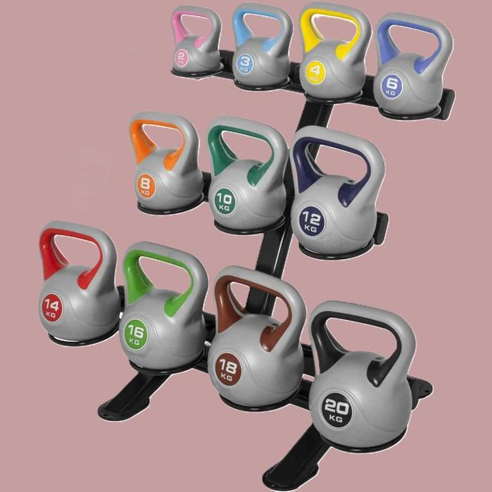 Kettlebell Stylish umplut cu ciment set 113 KG + stand