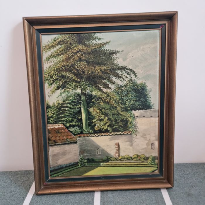 Tablou vechi ulei pe pânză semnat A. Eechan peisaj grădină 59x49 cm