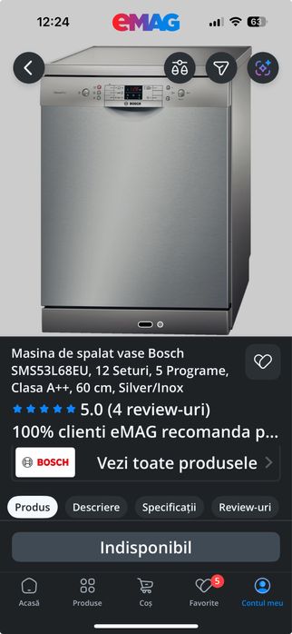 Vand masina de spalat vase Bosh clasa A++ , 60 cm , independenta
