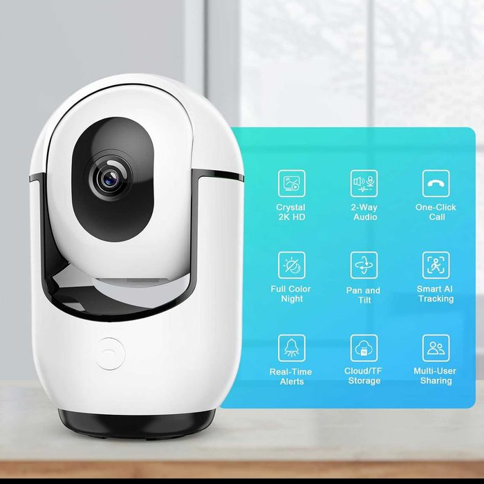 2K вътрешна охранителна камера, WiFi CCTV с нощно виждане, AI-детекция