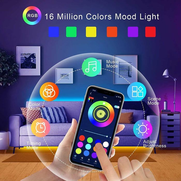 RGB LED лента 10m стайна лампа, APP контрол гъвкава лента за декорация