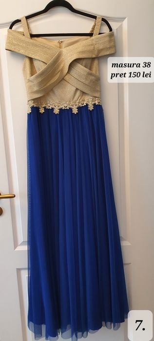 Rochie eleganta, lunga, albastru royal si auriu